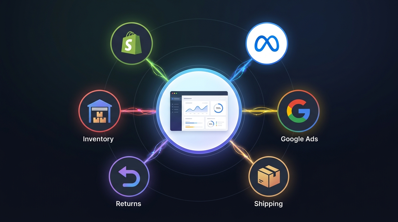Connected ecommerce data sources flowing into MarginPilot